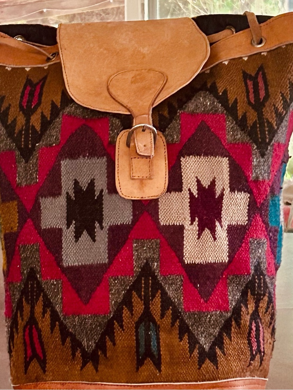 Artisan Handwoven Wool Backpack with Tan Leather Trim - Red & Brown
